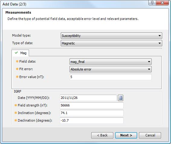 Adding Data The Add Data (2/3) dialog box opens. Here you will select the type of model you want. You have the choice of Susceptibility, Density or Vector magnetization model.