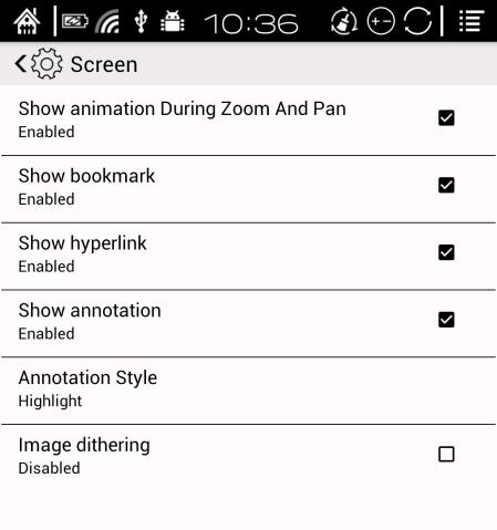 Screen setting includes: Animation effect will be into effect when users zoom or drag; Whether to show bookmark ( off means bookmarks will not be shown on the book); Whether to show hyperlinks