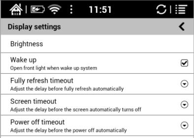 Display Users can adjust the brightness of front light, turn the light on (only applied to C67ML), and set