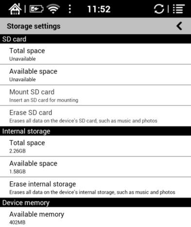 Storage This displays usage of storages including MicroSD card, local