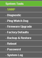 There are nine submenus under the System Tools menu (shown as Figure 4-29): SNMP, Diagnostic, Ping Watch Dog, Firmware Upgrade, Factory Defaults, Backup & Restore, Reboot, Password, and System Log.
