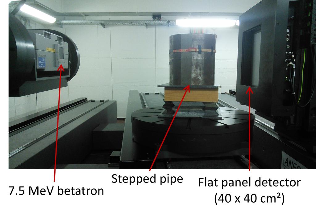 A visualisation of the simulation setup is shown in Figure 9. Figure 6: Setup for high energy radiography of the pipe. Figure 9: Radiographic setup modelled in artist.