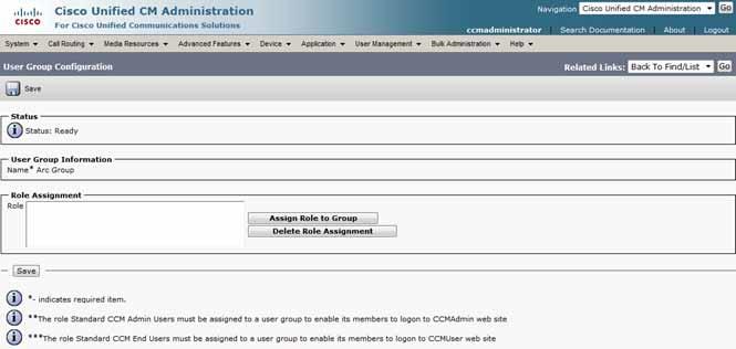 In this page, click Assign Role to Group. 8. Scroll down the list and select the Cisco Computer Telephony Interface (CTI) options, and click Add Selected.