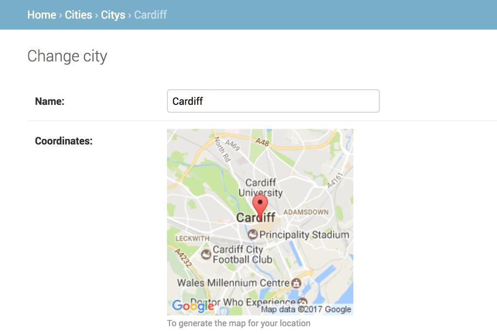 class CityAdmin(admin.ModelAdmin): inlines = (DistrictAdminInline,) Google Map Static Widgets Preview Django map widgets provide all Google Static Map API features.