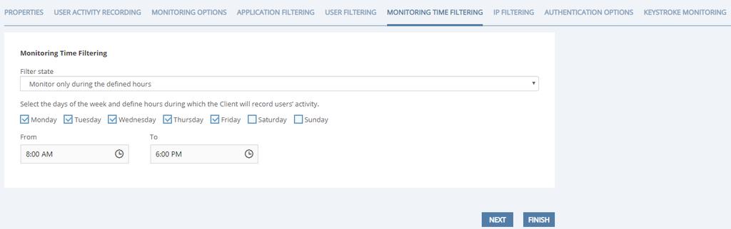 Monitoring Time Filtering In addition to application filtering rules, you can define monitoring time filtering ones.
