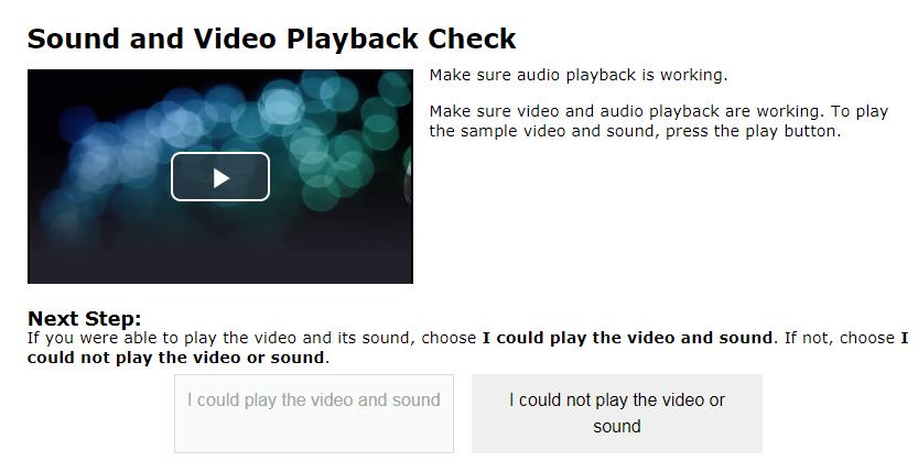 13. Complete the sound and video playback check on the Audio/Video Checks page.