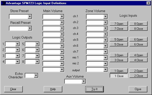 SETUP LOGIC INPUT DEFINITION SCREEN The Logic Input Definitions screen is accessed through the Configure SPM723 menu, and is used to assign specific actions to the Logic Inputs.