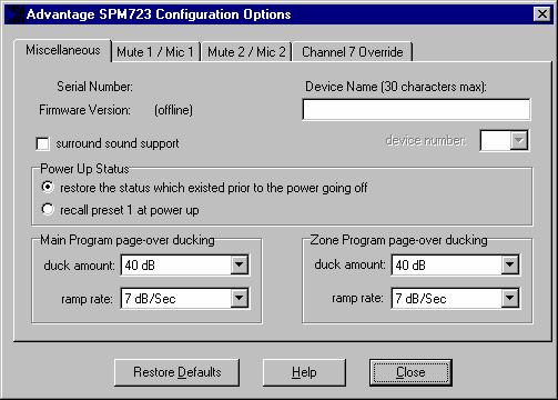 SETUP MISCELLANEOUS SCREEN The Configuration Options screen is accessed through the Configure SPM723 menu, and the Miscellaneous tab on the Configuration Options screen is then used to select options