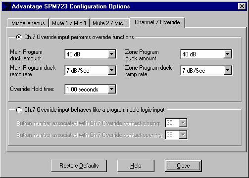 SETUP CHANNEL 7 OVERRIDE SCREEN The Configuration Options screen is accessed through the Configure SPM723 menu, and the Channel 7 Override tab on the Configuration Options screen is then used to