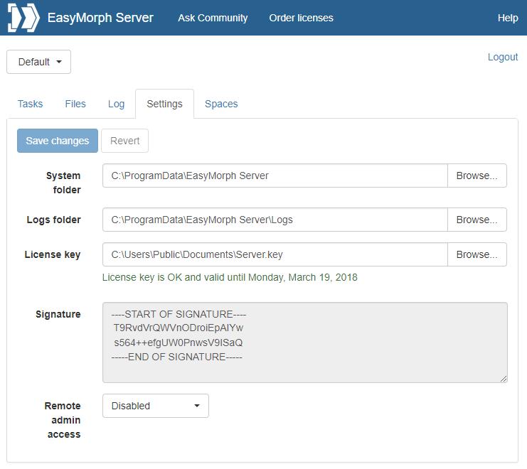 Screenshot 1: Server Settings page License key Send the digital signature from the Settings page (see Screenshot 1: Server Settings page above) to support@easymorph.