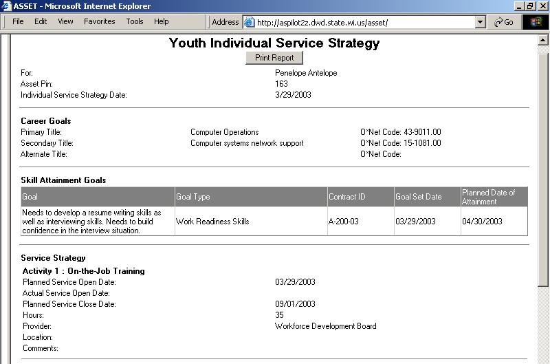 ASSET SYSTEM REPORTS 5-6 YOUTH INDIVIDUAL SERVICE STRATEGY