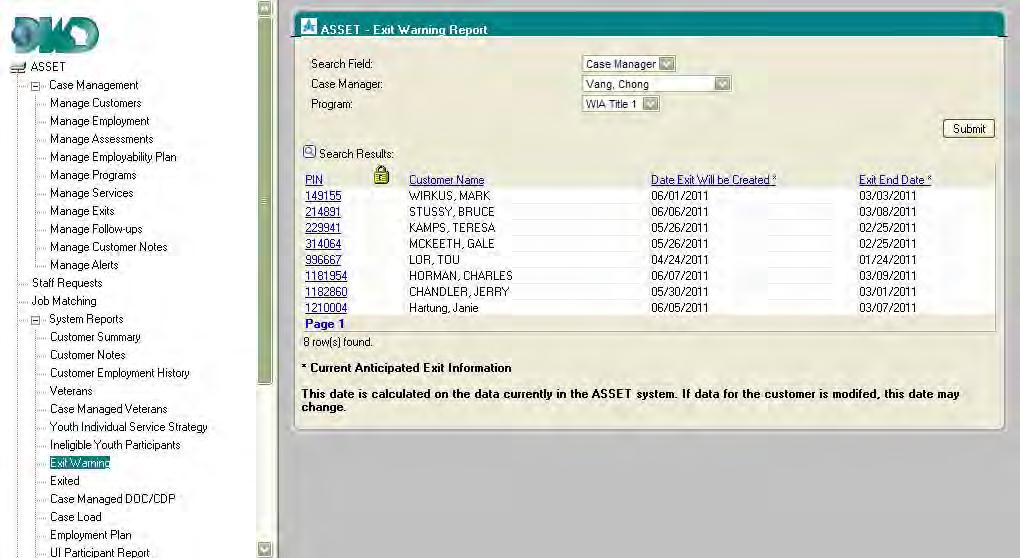 ASSET CASE MANAGEMENT FUNCTION 5-8 EXIT WARNING REPORT Clicking on the Submit button generates a list of customers who meet the criteria determined by the worker conducting the search.