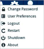 Quick User Configuration The user icon allows quick access to password change, configure preferences, logout, restart the system, shut down the system, or display quick information about the console
