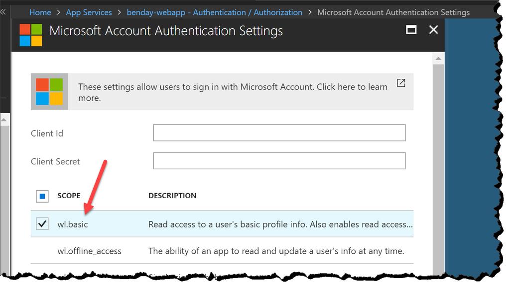 Azure Web App Security Labs Page 6 of 12 7. You should now be on the Microsoft Account Authentication Settings blade.