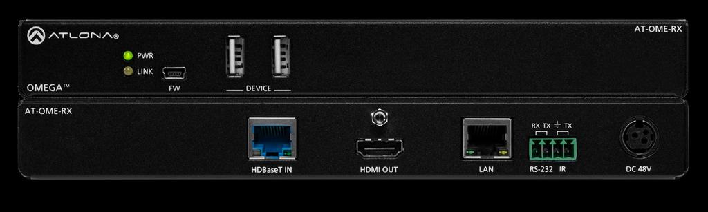Omega 4K/UHD HDMI Over HDBaseT Receiver with USB, Control, and PoE The Atlona is an HDBaseT receiver for video up to 4K/60 4:2:0, plus embedded audio, control, Ethernet, and USB over distances up to