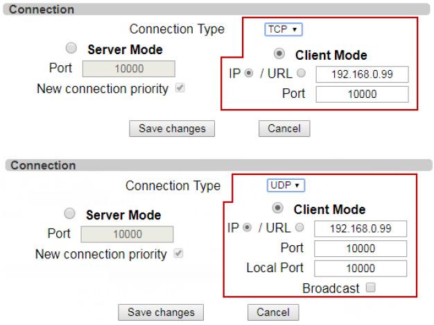3.3.2 Client Mode In this mode the device tries to make a connection to a server device. The IP address and destination port must be configured.