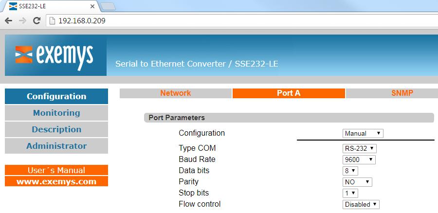 Control (only RS-232) Enabled/Disabled Automatic port parameters configuration is available since firmware version 3.8.