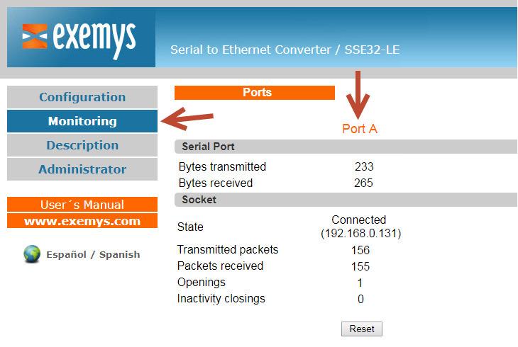 5 MONITORING SSE232-LE manages the data traffic that sends and receives. This data is reflected in its web page in the Monitoring menu.