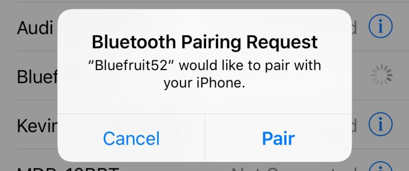 Click the device, and you will get a pairing request like this: Click the Pair button, and the devices will be paired and bonded, and will automatically connect to each other in the future.
