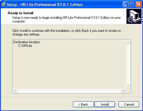 3.4 Ready to install This screen shows the summary of HR-Lite installation, check the path and