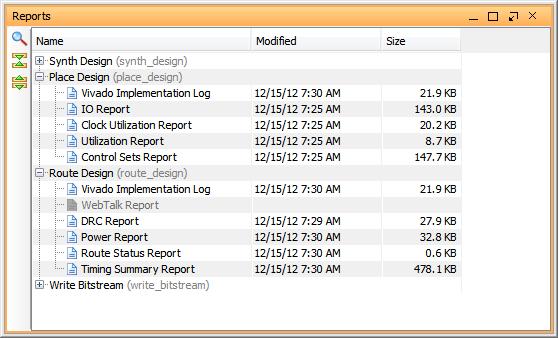Expand Route_Design folder to see the messages generated at this step. 23. Click the Reports window tab to display the various reports generated by different tools in the Vivado Design Suite.