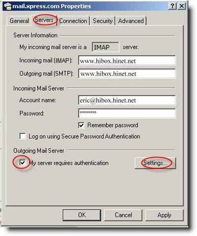 24. Place a check in the My server requires authentication option. 25. Click the Settings button. 26.