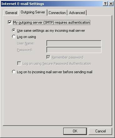 11. From the "Outgoing Server" Tab of the "Internet E-mail Settings" window, check the "My