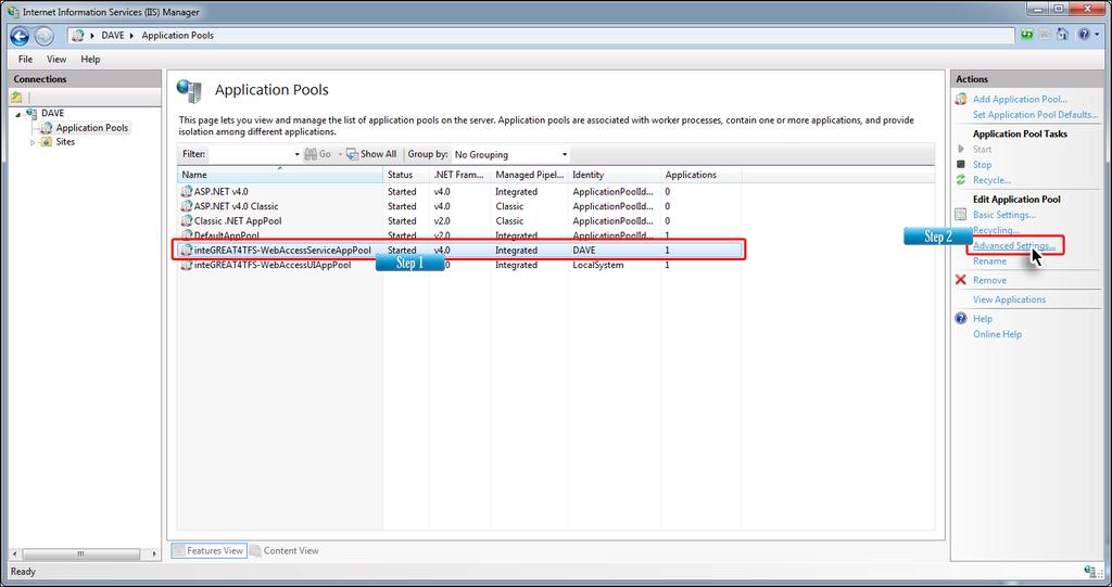 4. Select InteGREAT4TFSServiceAppPool option (center- pane) and then