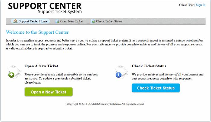 Click either the 'Open New Ticket' link at the top or the 'Open a New Ticket' button The new ticket screen