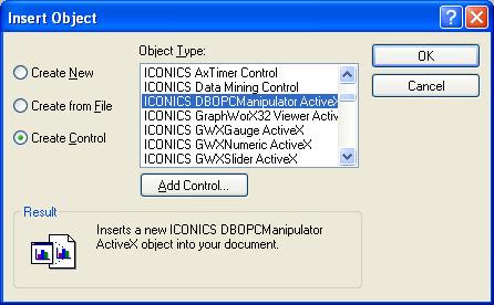 8. Add a Data Manipulator ActiveX to the screen by clicking on the OLE button: then select Create Control and search for the ICONICS DBOPCManipulator ActiveX. Click on OK.