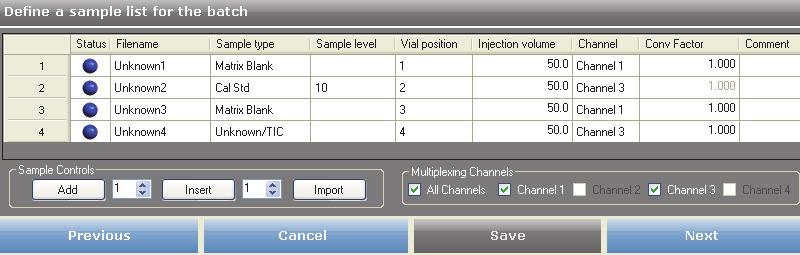 Sample Definition Page Parameter Add Insert Import Previous Cancel Save Next Shortcut menu Add Sample Insert Sample Insert Copy Sample Reinject Selected Samples Remove Selected Samples Import Samples