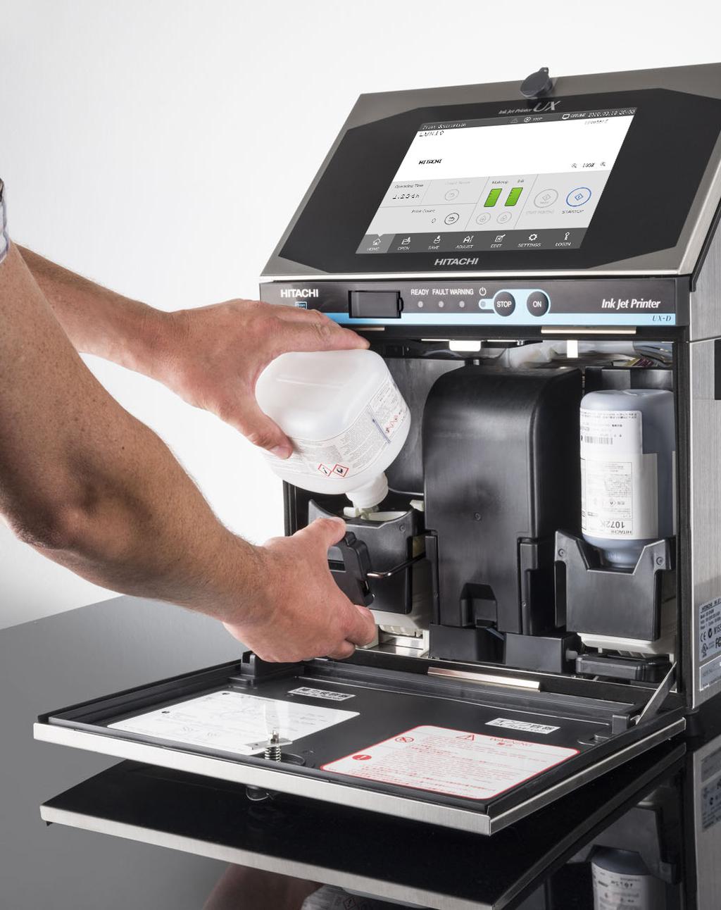 Hitachi UX SERIES SIMPLE FLUID MANAGEMENT The Hitachi UX Series comes with two fluid management system styles: Cartridge or pour-in style so that you can customize your inkjet printer to fit your