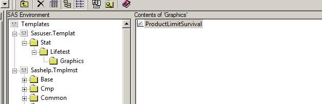 Figure 5: The location of the new template of ProductLimitSurvival in Sasuser.templat ODS PATH(green-highlighted) calls the new template in Sasuser.