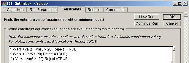 Definition of constraint equations Following Optimizer s Run Parameters must be given in the Step 7: Maximum Samples per Case: This is the maximum number of runs averaged to get a member result.