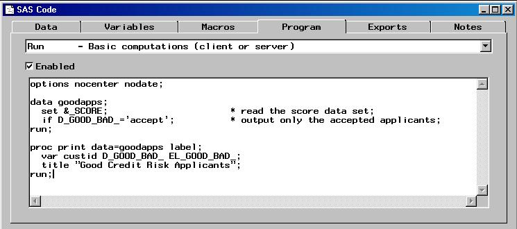 The SAS Code node provides a macro facility to dynamically reference the data sets and variables.