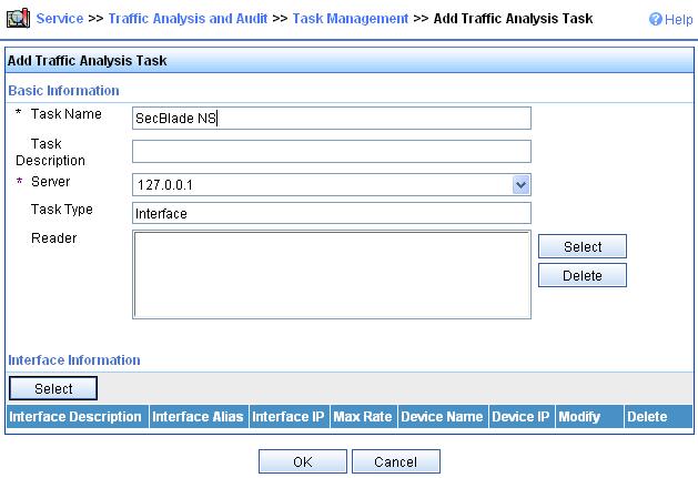 Figure 12 Adding traffic analysis task d. Enter SecBladeNS in the Task Name field. e.