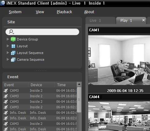 inex Standard Click the Play tab on the tab panel Select a desired event from the event list and drag and drop it on the Play screen. The event-recorded video is displayed on the screen. 8.