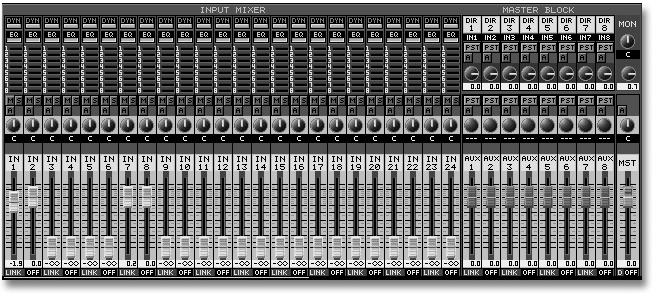 7 Mixer Views Input Mixer/Master Block View Select INPUT MIXER/MASTER BLOCK from the MIXER menu to view all of the VS-2480 s 24 input channel strips and MASTER BLOCK settings at once on the VGA.