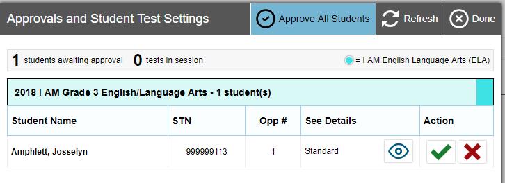 9. Approve students for testing. When students select practice tests, the Approvals box in the upper-right corner of the TA Interface shows notifications.