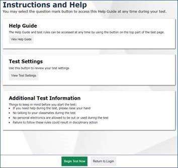Signing in to the Student Testing Site Step 6: Viewing Instructions and Starting the Test The Instructions and Help page is the last step of the sign-in process (see Figure 22).