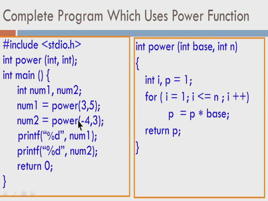 (Refer Slide Time: 19:56) So, what you see on the right side is the function, you have int power, int base and int n and we have written this function and let us see, how this can be used.