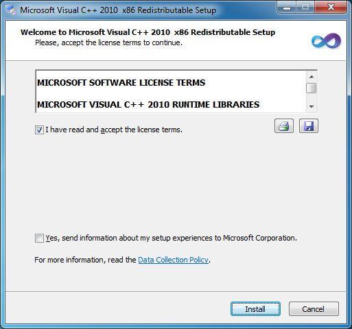 Install the Software (b) Installation of Microsoft Visual C++ 2010 Redistributable If Microsoft Visual C++ 2010