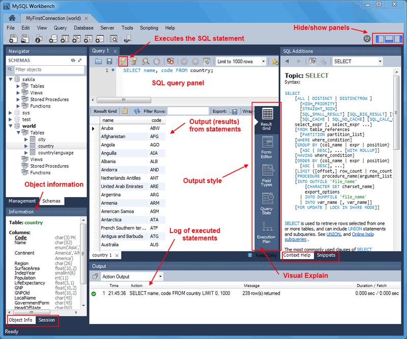 SQL Editor - SQL Query Panel, The SQL Editor has several configurable panels and windows, as described in the screenshot above.