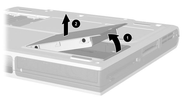 Removal and Replacement Procedures d. Lift the front edge of the hard drive 1 until it rests at an angle (Figure 5-7). e. Remove the hard drive from the hard drive bay 2.