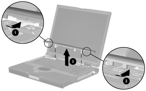 Removal and Replacement Procedures 6. Press down and hold the F1 and F2 keys. 7. Insert a pointed tool into the notch in the LED cover 1 between the F1 and F2 keys and lift up (Figure 5-17). 8.