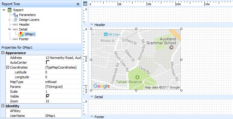 Add a map using the TableGrid button ( ), then edit its properties in the Report Tree to set up the information that it displays.