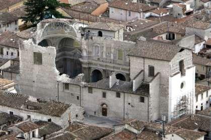 An aerial view of Santa Maria Paganica church in L'Aquila,