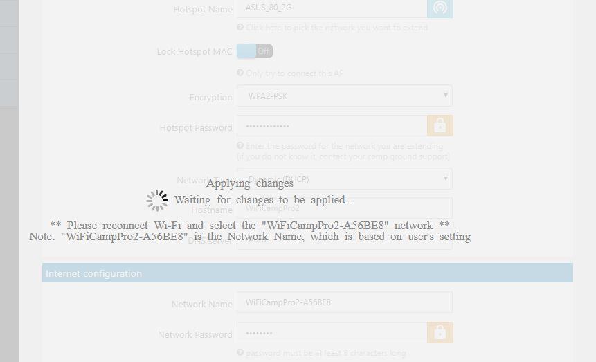 7. The WiFi CampPro 2 will reboot after finished setup Note: Please reconnect your WiFi with correct SSID