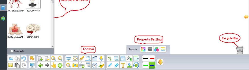 toolbars, property setting tool, the Recycle Bin. The position of the toolbar can switch up and down, and the position of Page preview resource & Network resources can display right and left.