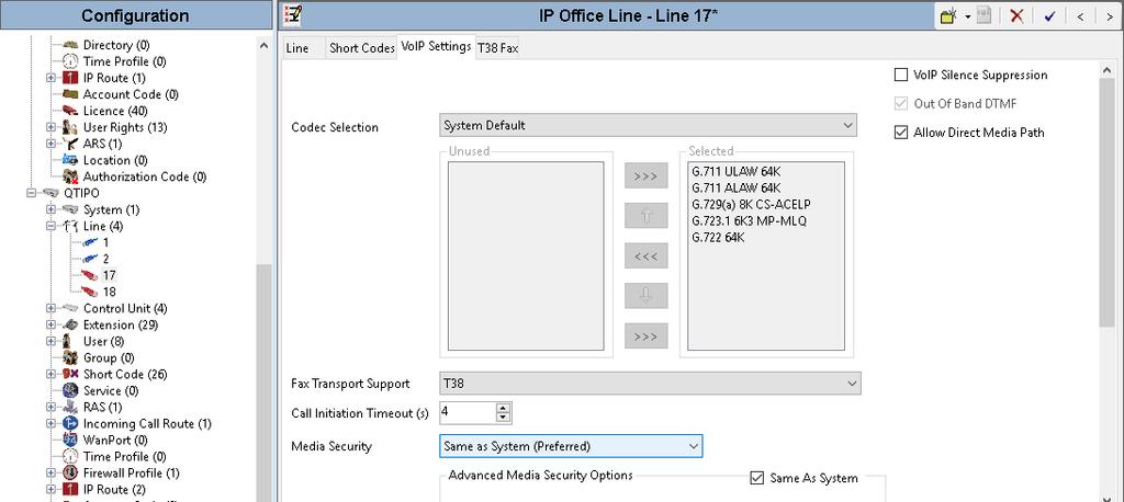 The picture below shows Line 1 - VoIP Settings in the IP Office Primary for the compliance test with the SR140.